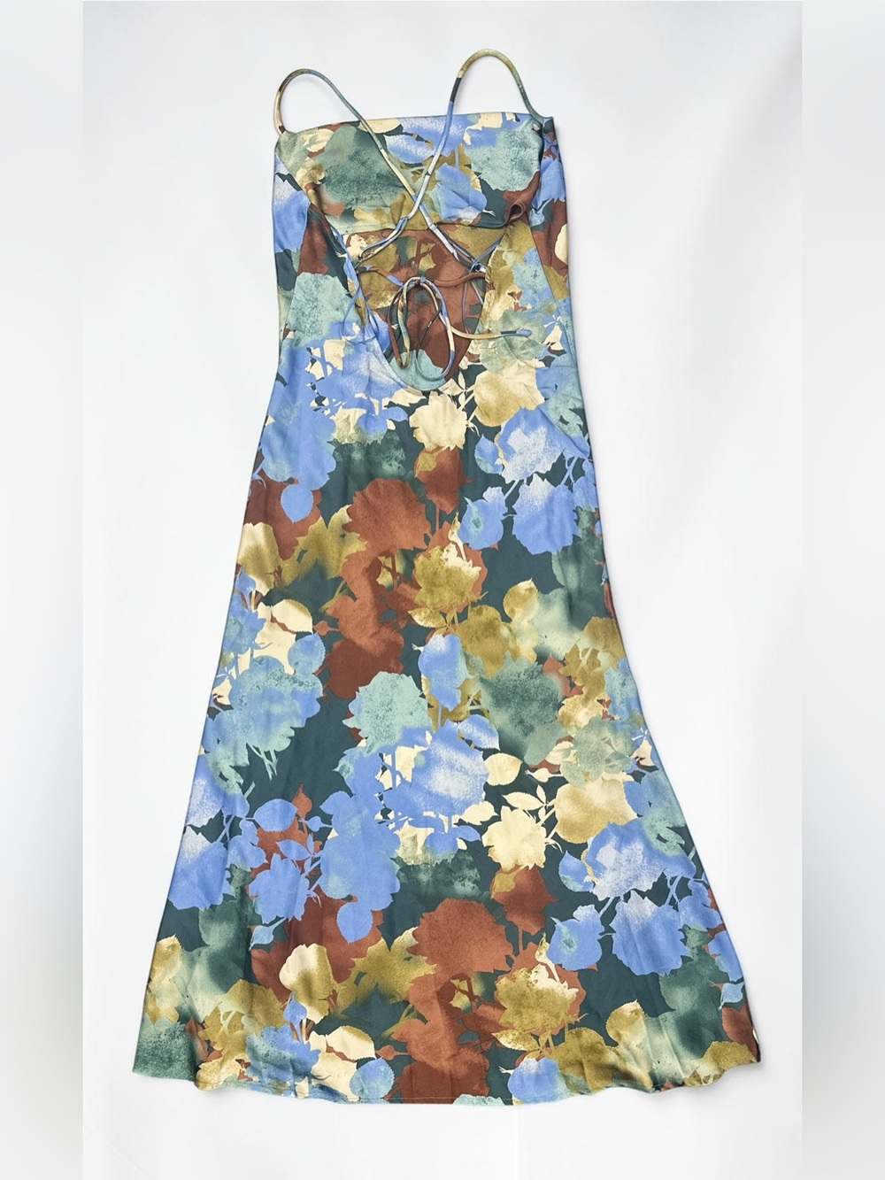 12th Tribe Floral Satin Midi Dress Lace Up Back Wedding Guest NWT Large - Picture 3 of 9